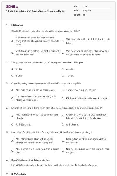 10 câu trắc nghiệm Viết đoạn văn nêu ý kiến (có đáp án)