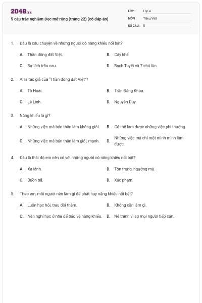 5 câu trắc nghiệm Đọc mở rộng (trang 22) (có đáp án)