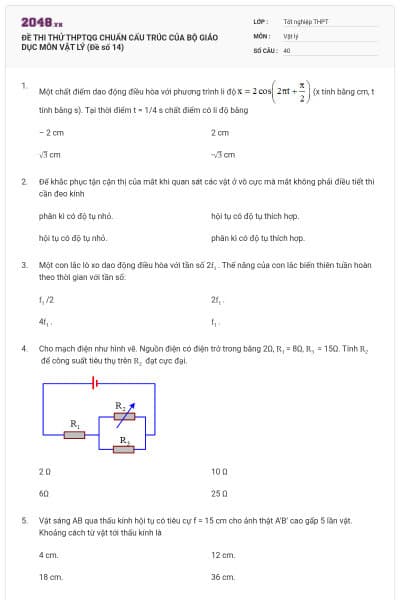 ĐỀ THI THỬ THPTQG CHUẨN CẤU TRÚC CỦA BỘ GIÁO DỤC MÔN VẬT LÝ (Đề số 14)