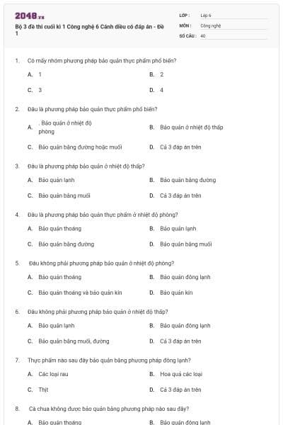 Bộ 3 đề thi cuối kì 1 Công nghệ 6 Cánh diều có đáp án - Đề 1