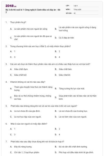 Bộ 3 đề thi cuối kì 1 Công nghệ 6 Cánh diều có đáp án - Đề 2