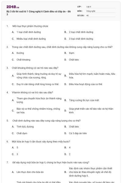 Bộ 3 đề thi cuối kì 1 Công nghệ 6 Cánh diều có đáp án - Đề 3