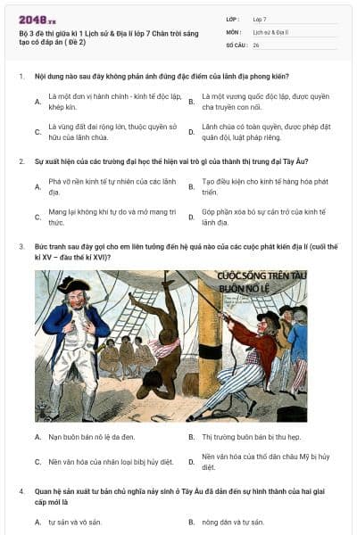 Bộ 3 đề thi giữa kì 1 Lịch sử & Địa lí lớp 7 Chân trời sáng tạo có đáp án ( Đề 2)