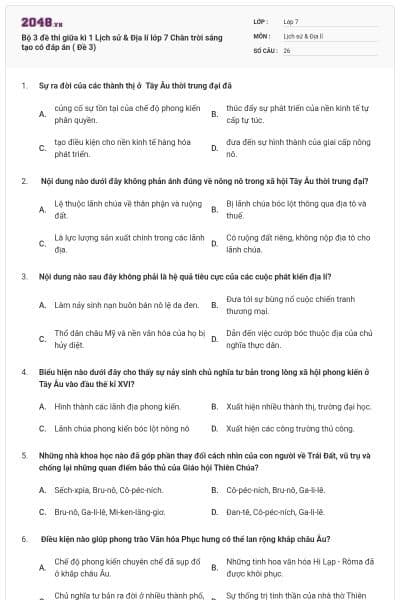 Bộ 3 đề thi giữa kì 1 Lịch sử & Địa lí lớp 7 Chân trời sáng tạo có đáp án ( Đề 3)