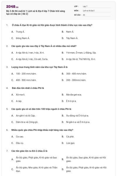 Bộ 2 đề thi cuối kì 1 Lịch sử & Địa lí lớp 7 Chân trời sáng tạo có đáp án ( Đề 2)