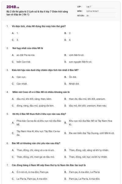 Bộ 2 đề thi giữa kì 2 Lịch sử & Địa lí lớp 7 Chân trời sáng tạo có đáp án ( Đề 1)