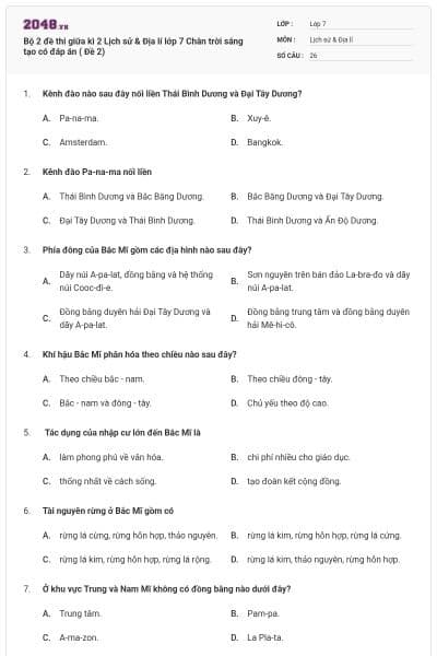Bộ 2 đề thi giữa kì 2 Lịch sử & Địa lí lớp 7 Chân trời sáng tạo có đáp án ( Đề 2)