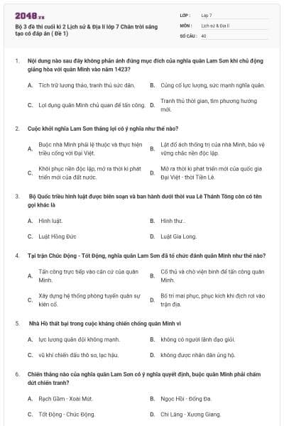 Bộ 3 đề thi cuối kì 2 Lịch sử & Địa lí lớp 7 Chân trời sáng tạo có đáp án ( Đề 1)