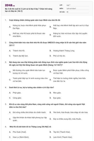 Bộ 3 đề thi cuối kì 2 Lịch sử & Địa lí lớp 7 Chân trời sáng tạo có đáp án ( Đề 2)