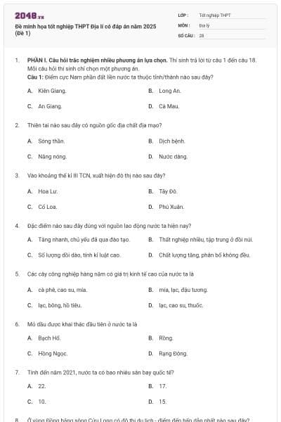 Đề minh họa tốt nghiệp THPT Địa lí có đáp án năm 2025 (Đề 1)