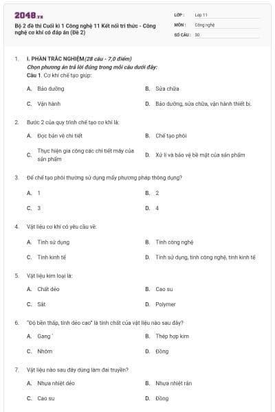 Bộ 2 đề thi Cuối kì 1 Công nghệ 11 Kết nối tri thức - Công nghệ cơ khí có đáp án (Đề 2)