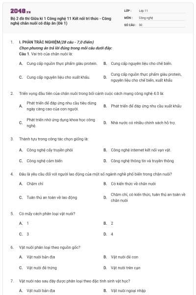 Bộ 2 đề thi Giữa kì 1 Công nghệ 11 Kết nối tri thức - Công nghệ chăn nuôi có đáp án (Đề 1)