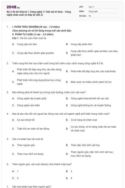 Bộ 2 đề thi Giữa kì 1 Công nghệ 11 Kết nối tri thức - Công nghệ chăn nuôi có đáp án (Đề 2)