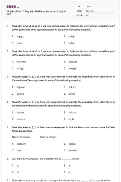 Đề thi cuối kì 1 Tiếng Anh 10 Global Success có đáp án- Đề 3