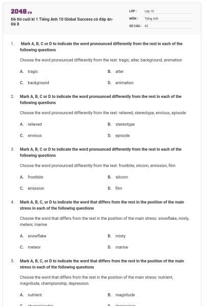 Đề thi cuối kì 1 Tiếng Anh 10 Global Success có đáp án- Đề 8