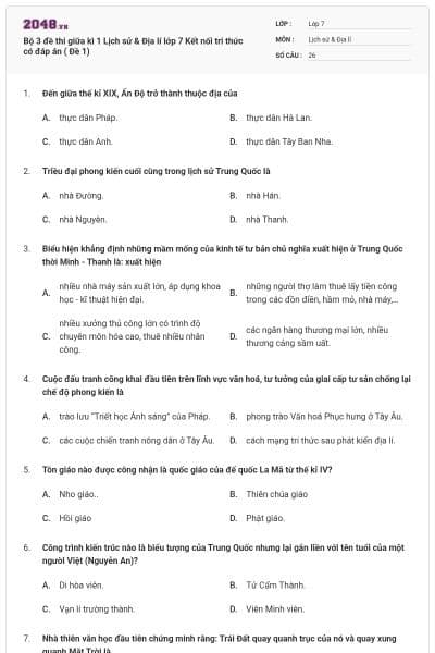Bộ 3 đề thi giữa kì 1 Lịch sử & Địa lí lớp 7 Kết nối tri thức có đáp án ( Đề 1)