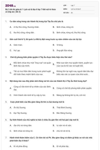 Bộ 3 đề thi giữa kì 1 Lịch sử & Địa lí lớp 7 Kết nối tri thức có đáp án ( Đề 3)