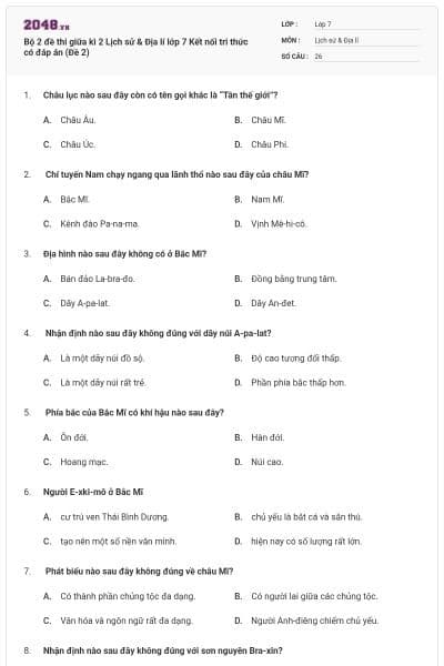 Bộ 2 đề thi giữa kì 2 Lịch sử & Địa lí lớp 7 Kết nối tri thức có đáp án (Đề 2)