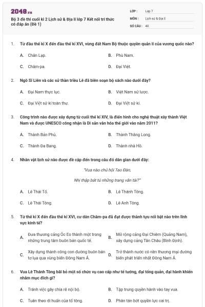 Bộ 3 đề thi cuối kì 2 Lịch sử & Địa lí lớp 7 Kết nối tri thức có đáp án (Đề 1)