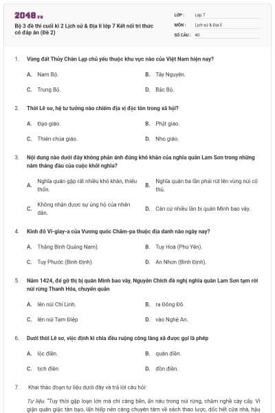 Bộ 3 đề thi cuối kì 2 Lịch sử & Địa lí lớp 7 Kết nối tri thức có đáp án (Đề 2)