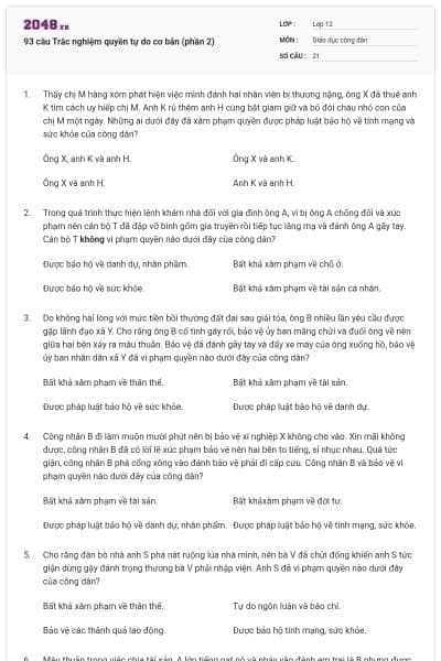 93 câu Trắc nghiệm quyền tự do cơ bản (phần 2)