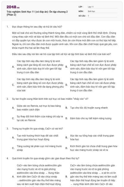 Trắc nghiệm Sinh Học 11 (có đáp án): Ôn tập chương 2 (Phần 2)