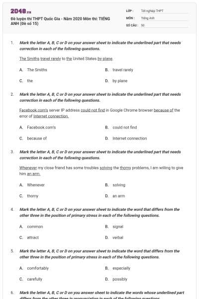 Đề luyện thi THPT Quốc Gia - Năm 2020 Môn thi: TIẾNG ANH (Đề số 15)