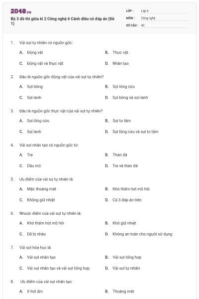 Bộ 3 đề thi giữa kì 2 Công nghệ 6 Cánh diều có đáp án (Đề 1)