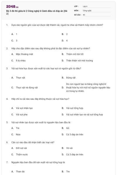 Bộ 3 đề thi giữa kì 2 Công nghệ 6 Cánh diều có đáp án (Đề 2)