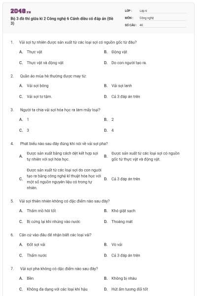 Bộ 3 đề thi giữa kì 2 Công nghệ 6 Cánh diều có đáp án (Đề 3)