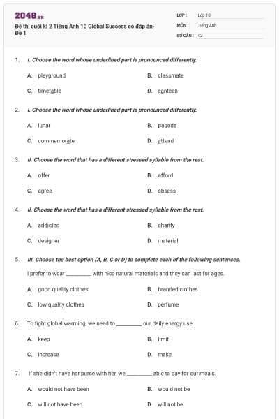 Đề thi cuối kì 2 Tiếng Anh 10 Global Success có đáp án- Đề 1