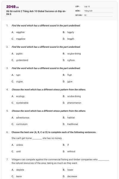 Đề thi cuối kì 2 Tiếng Anh 10 Global Success có đáp án- Đề 6