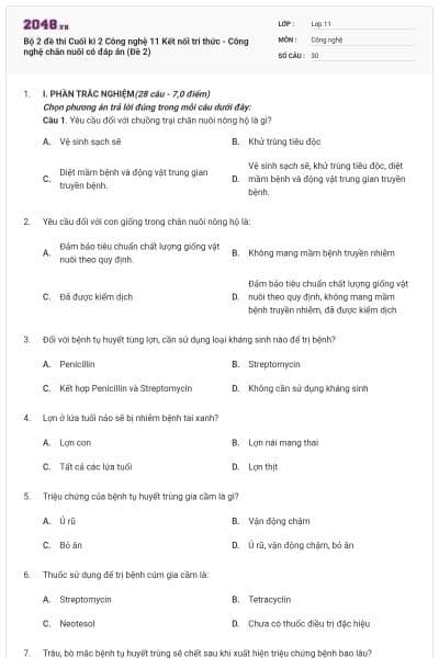 Bộ 2 đề thi Cuối kì 2 Công nghệ 11 Kết nối tri thức - Công nghệ chăn nuôi có đáp án (Đề 2)