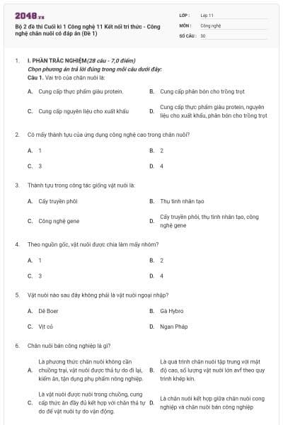 Bộ 2 đề thi Cuối kì 1 Công nghệ 11 Kết nối tri thức - Công nghệ chăn nuôi có đáp án (Đề 1)