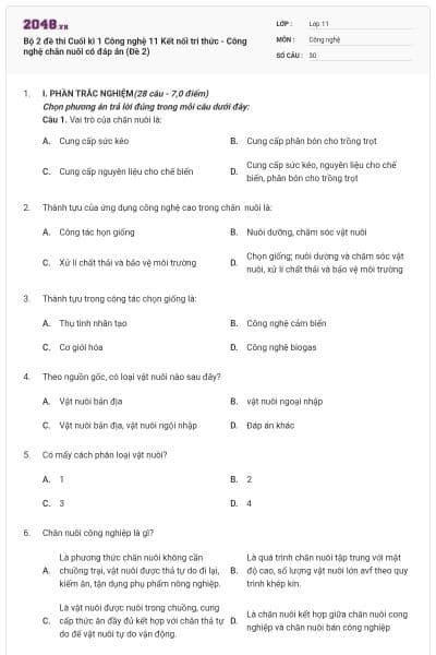 Bộ 2 đề thi Cuối kì 1 Công nghệ 11 Kết nối tri thức - Công nghệ chăn nuôi có đáp án (Đề 2)