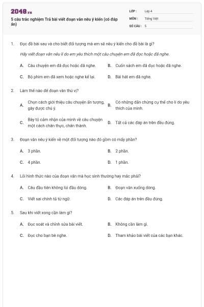 5 câu trắc nghiệm Trả bài viết đoạn văn nêu ý kiến (có đáp án)