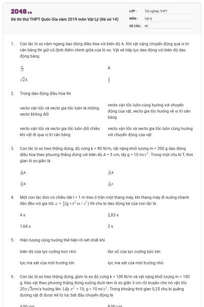 Đề thi thử THPT Quốc Gia năm 2019 môn Vật Lý (Đề số 14)