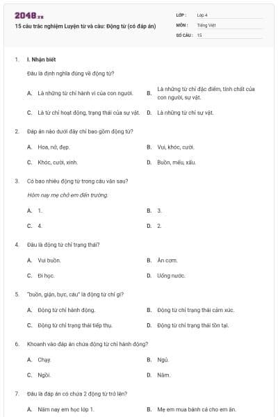 15 câu trắc nghiệm Luyện từ và câu: Động từ (có đáp án)