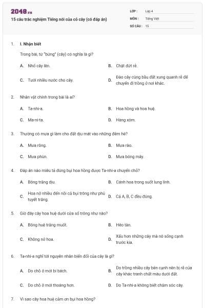 15 câu trắc nghiệm Tiếng nói của cỏ cây (có đáp án)