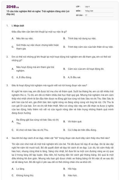 15 câu trắc nghiệm Nói và nghe: Trải nghiệm đáng nhớ (có đáp án)