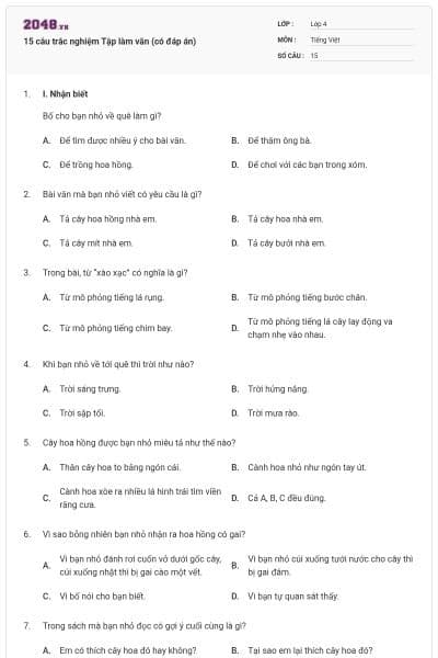 15 câu trắc nghiệm Tập làm văn (có đáp án)
