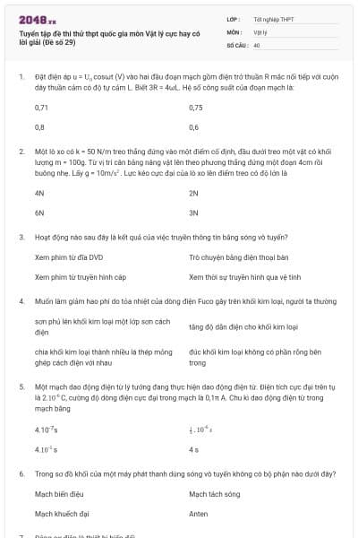Tuyển tập đề thi thử thpt quốc gia môn Vật lý cực hay có lời giải (Đề số 29)