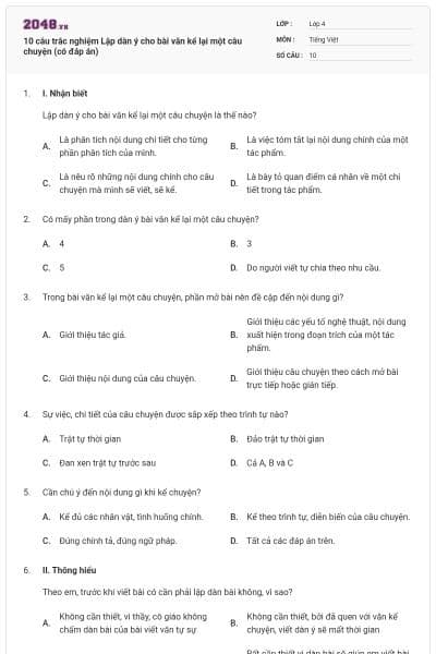 10 câu trắc nghiệm Lập dàn ý cho bài văn kể lại một câu chuyện (có đáp án)