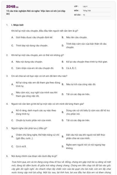 15 câu trắc nghiệm Nói và nghe: Việc làm có ích (có đáp án)