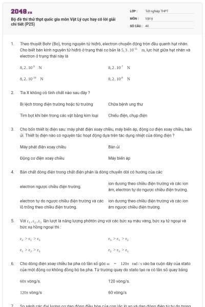 Bộ đề thi thử thpt quốc gia môn Vật Lý cực hay có lời giải chi tiết (P25)