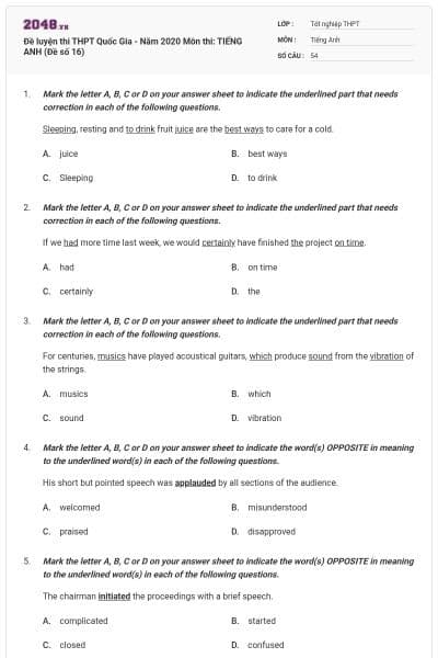 Đề luyện thi THPT Quốc Gia - Năm 2020 Môn thi: TIẾNG ANH (Đề số 16)