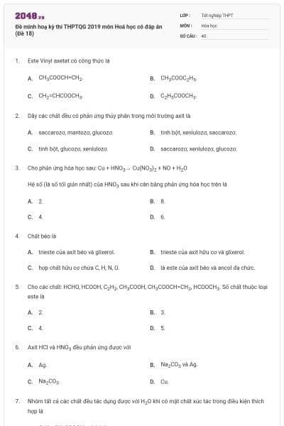 Đề minh hoạ kỳ thi THPTQG 2019 môn Hoá học có đáp án (Đề 18)
