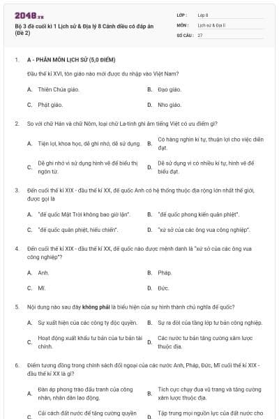 Bộ 3 đề cuối kì 1 Lịch sử & Địa lý 8 Cánh diều có đáp án (Đề 2)