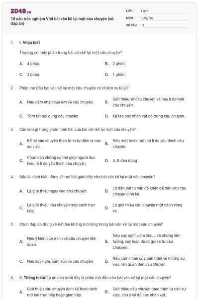 10 câu trắc nghiệm Viết bài văn kể lại một câu chuyện (có đáp án)