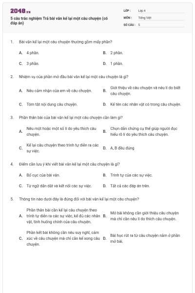 5 câu trắc nghiệm Trả bài văn kể lại một câu chuyện (có đáp án)